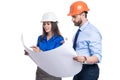 Chief engineer and architect in hardhat isolated white. Safety business. Data protection. Supervisor engineer with Royalty Free Stock Photo