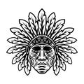 Chief head native american in traditional indian headdress with feathers vector illustration in monochrome vintage style