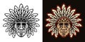 Chief head native american in traditional indian headdress with feathers vector illustration in two styles black on Royalty Free Stock Photo