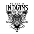 Chief head native american vector vintage round emblem, label, badge or logo in monochrome style isolated on white