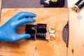 A chief making sushi. Asian food preparation