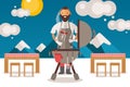 Chief people cooks sausages on grill, vector illustration. Character man with beard and tattoos in apron at barbecue