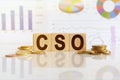 CSO the word on wooden cubes, cubes stand on a reflective surface, in the background is a business diagram