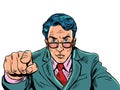 Chiefs choice. The customer points to the product he likes. A man in a suit and glasses points with his finger. Pop Art