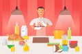 Chiefs people makes dish presentation vector illustration. Man in white tunic and apron stand at work cartoon surface
