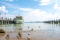 Chiemsee lake ferry ship docked at Men`s Island Herreninsel, Bavaria, Germany