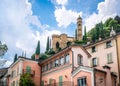 Chiesa di Santa Maria del Sasso church bottom view and colorful houses in Morcote village Switzerland