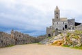 Chiesa San Pietro catholic church, Lord Byron Parque Natural park and old ancient stone walls of Portovenere Royalty Free Stock Photo