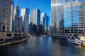 03.11.2017 - Chigaco: Chicago skyscrapers with the riverwalk and the Chicago river with crowd Royalty Free Stock Photo