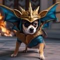 A Chihuahua as a fire-breathing dragon, with scales and a dragon head hood2