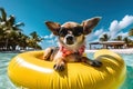 Chihuahua Chillax: A Fun Stock Photo of a Dog in Sunglasses on a Beach Float - Generative AI