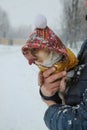 Chihuahua dog in a fashionable jacket in the arms of the owner in winter on a walk