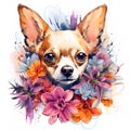 Chihuahua dog head and beautiful tropical flowers on white background. Mammals. Pet. Animals. Royalty Free Stock Photo