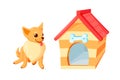 Chihuahua dog and kennel with bowl. Wooden doghouse with red roof isolated in white background. Vector illustration