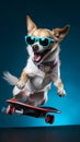 Chihuahua dog making tricks on skateboard as skater wearing sunglasses. Cool dog on skateboard in sunglasses on trendy blue