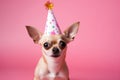 Chihuahua dog in party hat on pink background