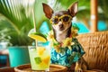 Chihuahua dog is relaxing on the beach with a cocktail. The concept of summer tourism. Generative AI Royalty Free Stock Photo