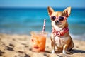 Chihuahua dog is relaxing on the beach with a cocktail. Resort holiday concept with pets. Generative AI Royalty Free Stock Photo