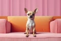 Chihuahua dog sits on pink couch, cute pet waiting on sofa in room, generative AI