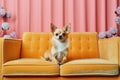 Chihuahua dog sits on yellow couch, cute pet waiting on sofa in room, generative AI