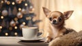 Chihuahua dog sitting next to a cup of coffee on the table and a christmas tree with golden decor on the background
