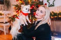 Chihuahua dog wearing in the costume of Santa Claus with blond woman sit under christmas tree Royalty Free Stock Photo