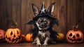 Chihuahua dog in witch costume on Halloween, cute pet with pumpkins