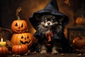 Chihuahua dog in witch costume on Halloween, cute pet with pumpkins