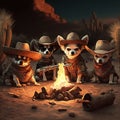 Chihuahua dogs like Mexican bandits with guns sitting around a campfire. Generative AI Royalty Free Stock Photo