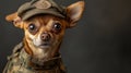 Chihuahua in Military Attire with Intense Stare on Dark Background