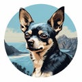 Chihuahua Portrait With Blue Ocean: Graphic Illustration Of Tropical Landscapes Royalty Free Stock Photo
