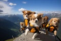 Chihuahua puppies with backpacks on top of a mountain, Tibetan Spaniel puppies skydiving french alps, AI Generated