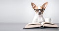 Chihuahua puppy with eyeglasses and opened book
