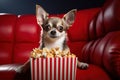 chihuahua sits in red armchair with popcorn and watches TV