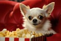 chihuahua sits in red armchair with popcorn and watches TV