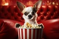 chihuahua sits in red armchair with popcorn and watches TV