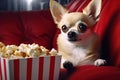 chihuahua sits in red armchair with popcorn and watches TV