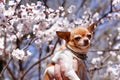 Chihuahua surrounded by blooming sakura. Adorable small dog on flower background Royalty Free Stock Photo