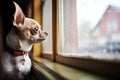 chihuahua watching from open window