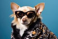 a chihuahua wearing oversized sunglasses and a leopard print coat