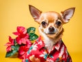 Chihuahua wearing a red Hawaiian shirt on a yellow background