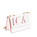 Chik female bag from white leather with red trim and a gold shoulder chain, decorated with the cut-out word \