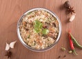 Chiken biryani on wooden bakground Royalty Free Stock Photo