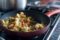 Chiken meat and vegetables cooking in red frying pan