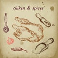 Chiken and spices hand drawn sketch vector vintage illustration. Barbeque poultry chiken on old paper menu poster design