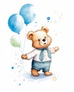 A chil teddy bear is delighted and cheerful, standing and holdin Royalty Free Stock Photo