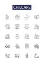 Chilcare line vector icons and signs. happy, childhood, happiness, people, mother, motherhood, kid,female outline vector