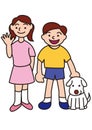 An older sister, a younger brother, and a pet who greet by waving their hands