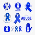 Child abuse awareness icon set, blue ribbon collection, domestic violence campaign symbol, children problem emblem