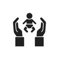 Child adoption black glyph icon. Hand holding baby, childcare concept. Not traditional family. Lesbian and Gay parents. Sign for